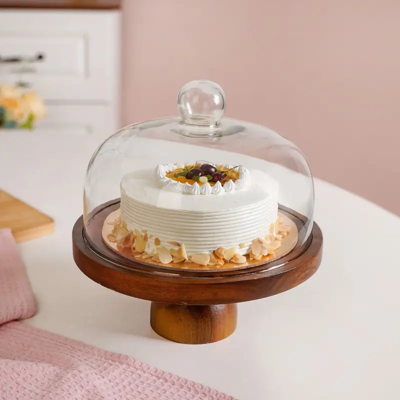 Pedestal Acacia Wood Cake Stand With Glass Cloche (22 Cm) 1