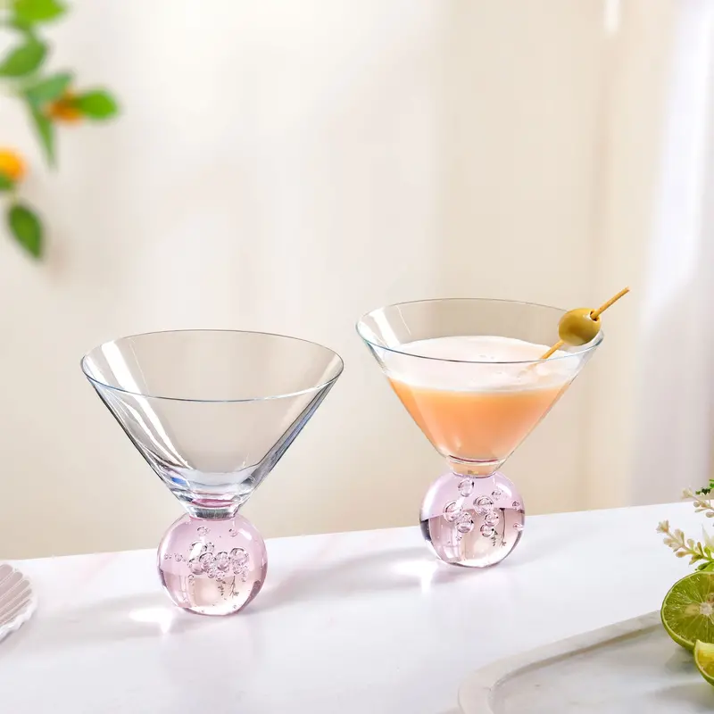 Pink Bubble-Base Martini Glasses (2-Piece, 220Ml Each) 1