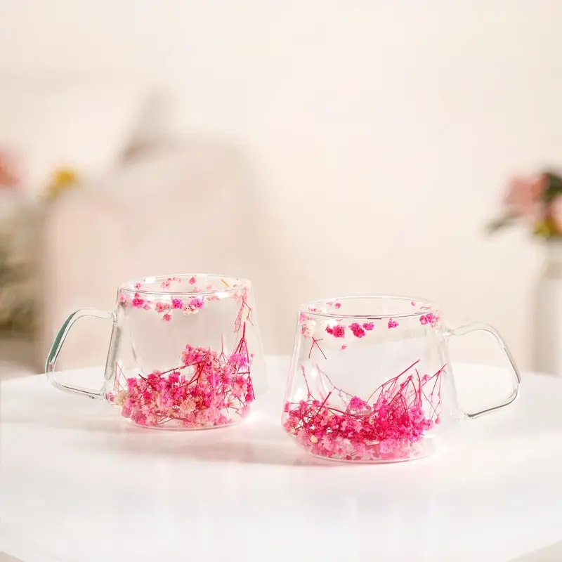 Pink Floral Double-Walled Ceramic Mug Set – 2-Pack (180Ml) 1