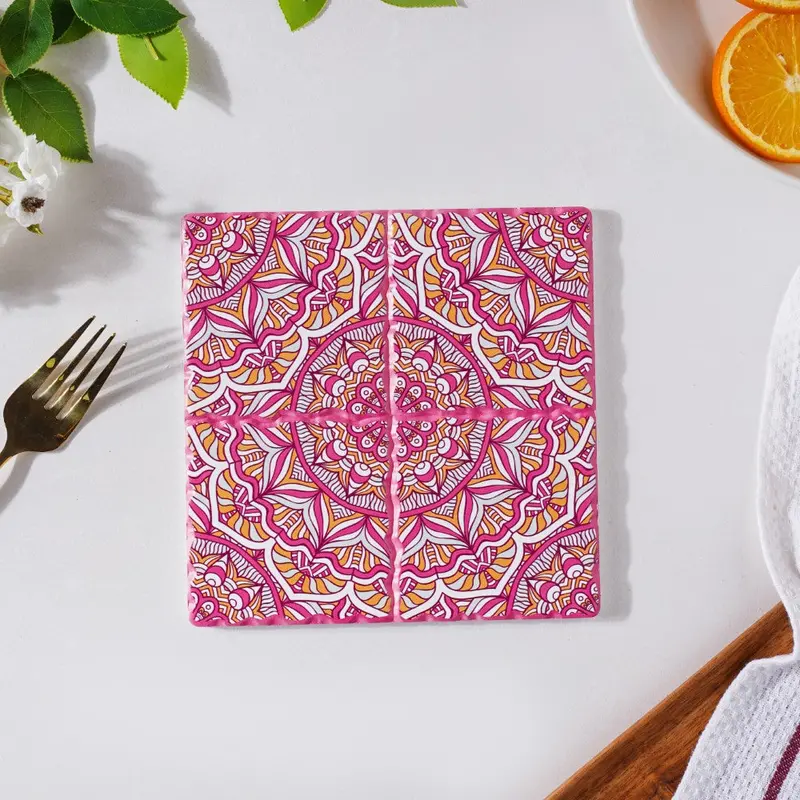 Pink Moroccan-Inspired Ceramic Tile Trivet – Square 1