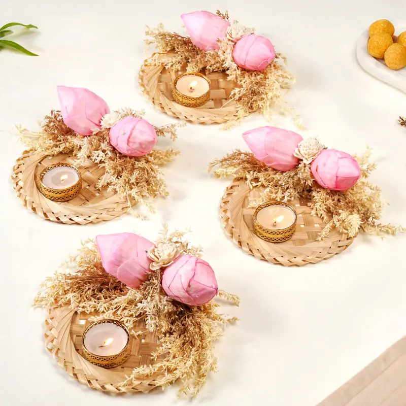 Pink Organic Sola Lotus Tealight Holders – Botanical Set Of 4 1