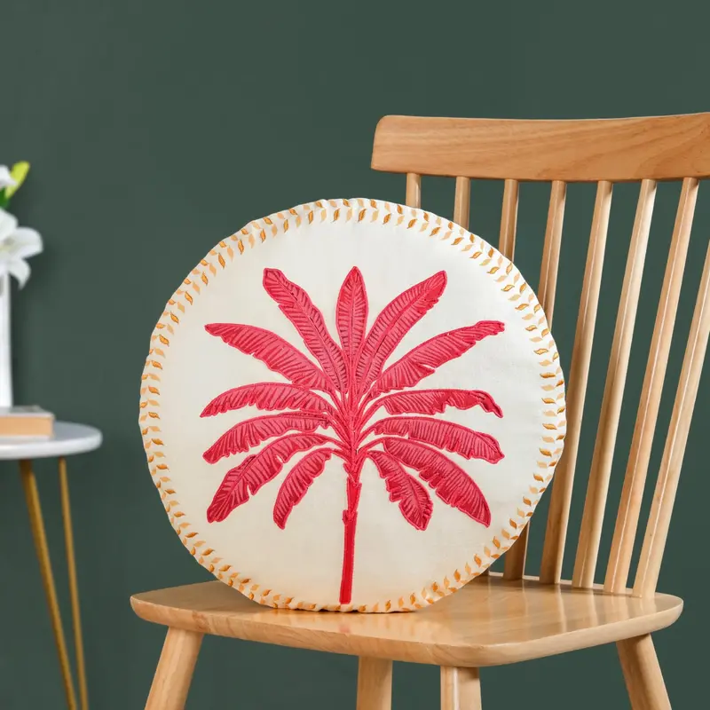 Pink Palm Cotton Cushion Cover – 45Cm Square Hand-Embroidered Pillow Sleeve 1