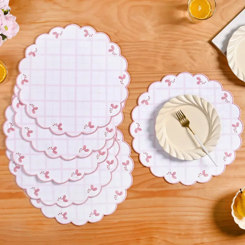 Pink Periwinkle Embroidered Cotton Table Mats – Set Of 6 1