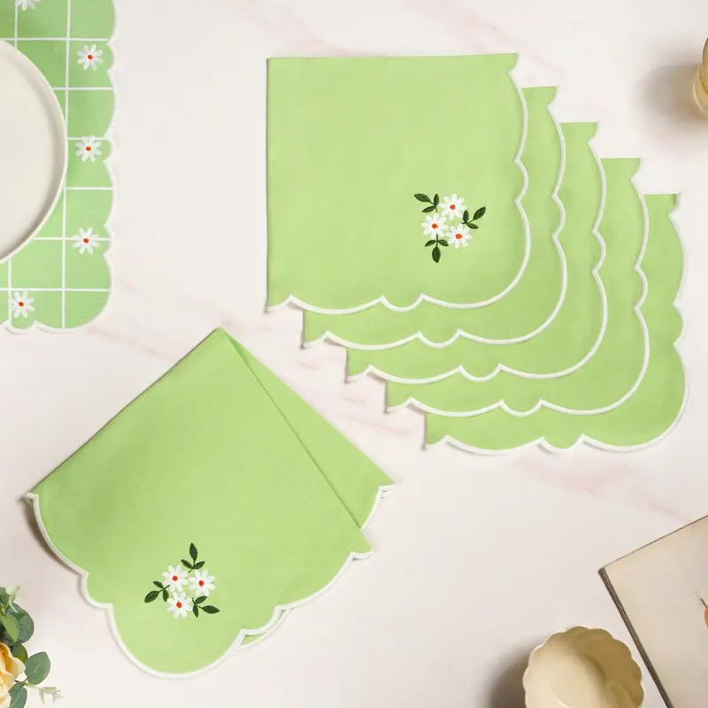 Pistachio Green Embroidered Cotton Napkins – Set Of 6 1