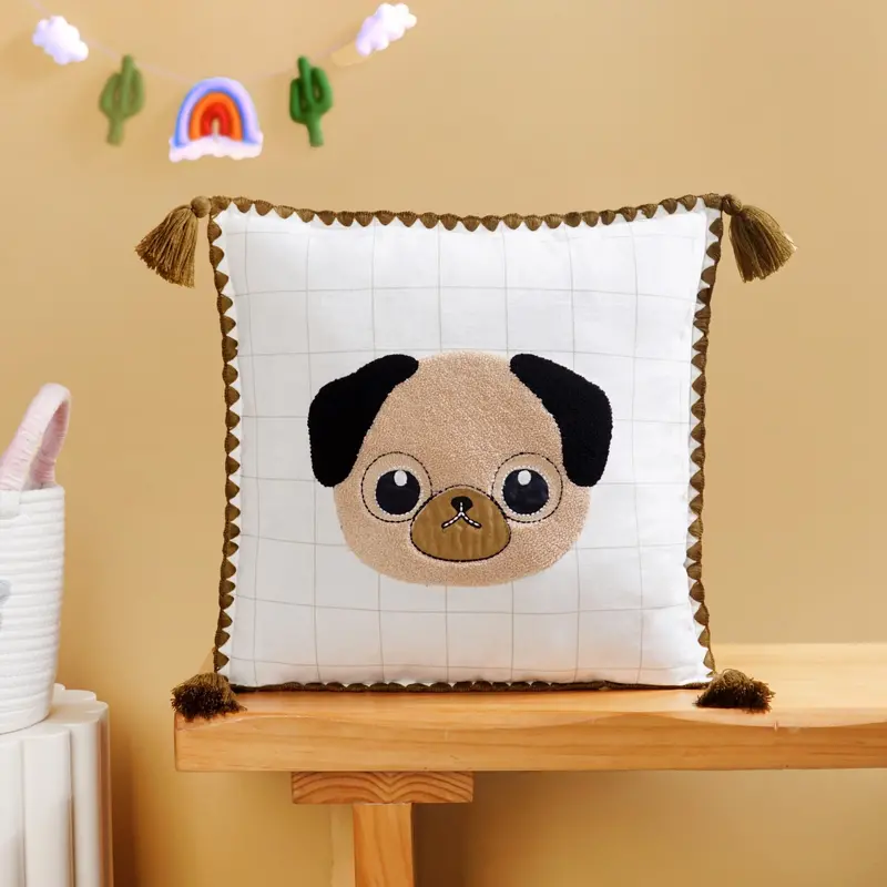 Pug Embroidered Cotton Cushion Cover For Kids (42X42Cm) 1