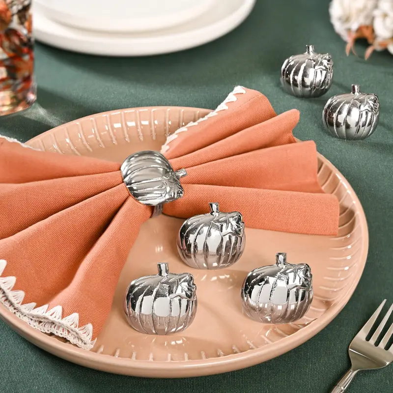 Pumpkin-Design Pure Brass Napkin Rings – Set Of 6 (Silver Finish) 1