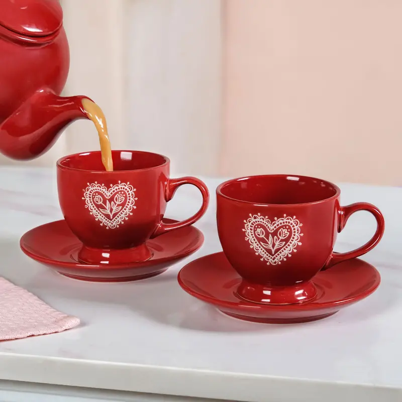 Red Ceramic Tea Cup And Saucer Set (2-Piece, 200Ml) 1