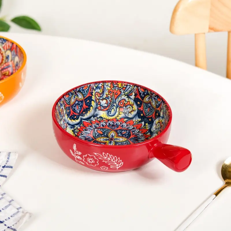 Red Mandala Melange Ceramic Bowl With Handle – Artisan Crafted, 600Ml 1