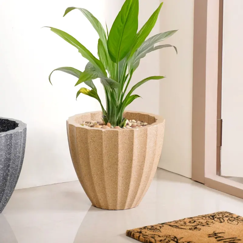 Ribbed Beige Ceramic Planter – Planterra 12" X 12" Indoor Pot 1