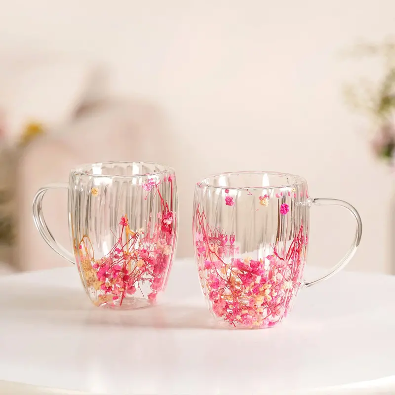 Ribbed Double-Walled Ceramic Mug Set – 2-Pack Featuring Real Pink Flowers (350Ml) 1