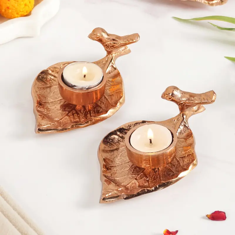 Rose Gold Bird-And-Leaf Tealight Candle Holder Set – Two-Piece 1
