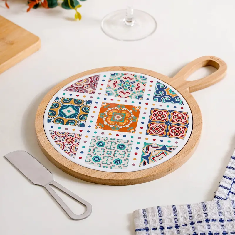 Round Moroccan Tile Cheeseboard – Ceramic-Inspired Design With Knife (20 Cm Diameter) 1