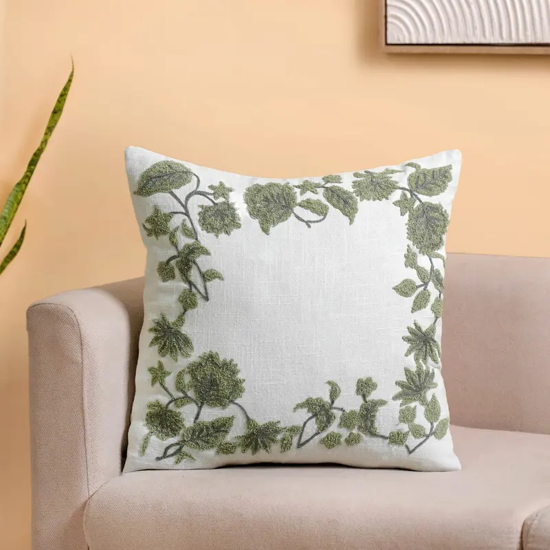 Sage Bloom Embroidered Cotton Canvas Cushion Cover (40X40 Cm) 1