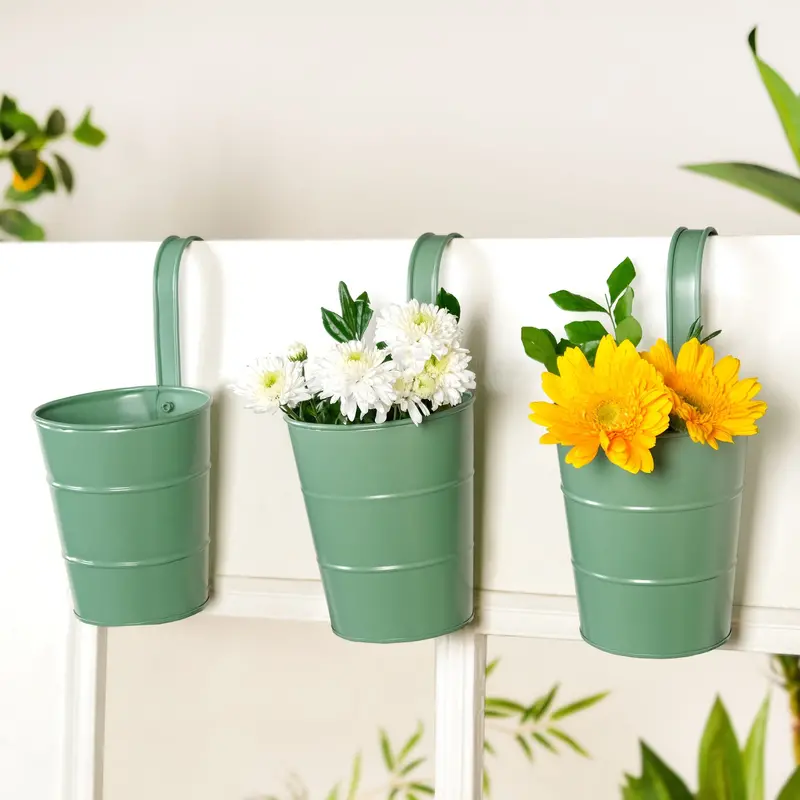 Sage Green Garden Muse Hanging Flower Buckets – Rustic-Chic 3-Piece Planter Set 1