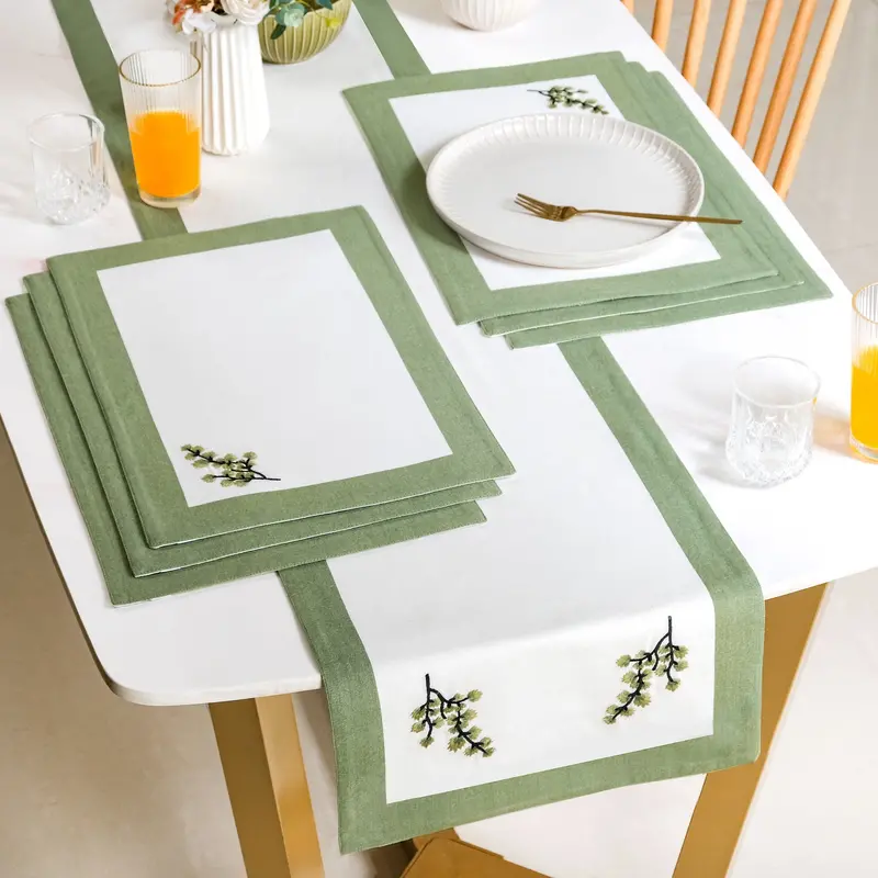 Sage Green Pure Cotton Table Runner & 6 Placemats Set 1