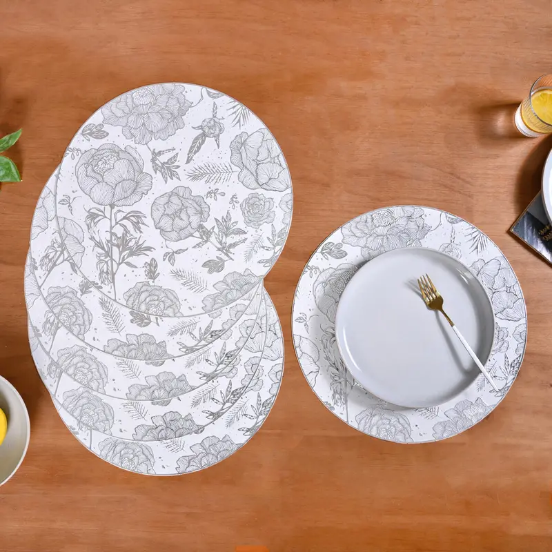 Set Of 6 Floral Metallic Silver Placemats With Subtle Shine 1