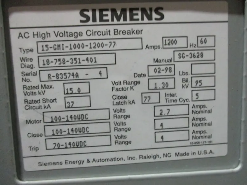 Siemens 15-Gmi-1000-1200-77 High-Voltage Ac Circuit Breaker 1