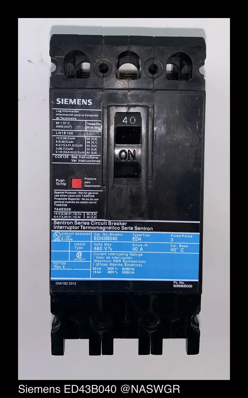 Siemens Ed43B040 Molded Case Circuit Breaker — 40 A Trip Rating 1
