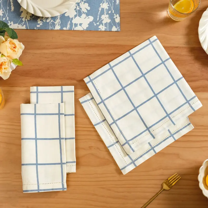 Slate Blue Grid Napkin Set – 4-Piece Cotton Collection 1