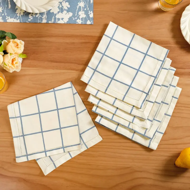 Slate Blue Grid Napkin Set – 6-Piece Cotton Collection 1