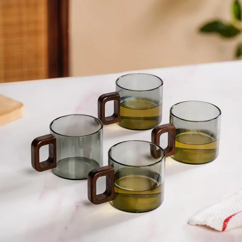 Slate Grey Square Glass Mugs With Wooden Handles – Set Of 4, 200Ml 1
