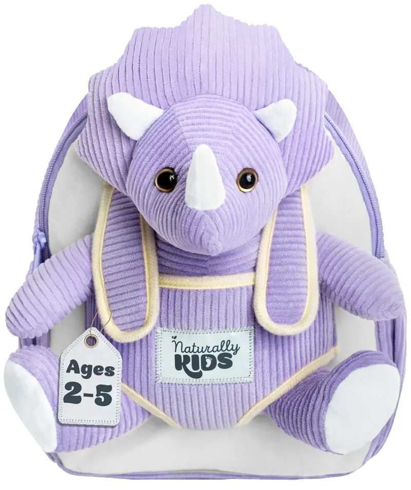 Small-Scale Dinosaur Backpack With Purple Triceratops Stuffed Animal — Toddler-Friendly Carryall With Reflective Details 1