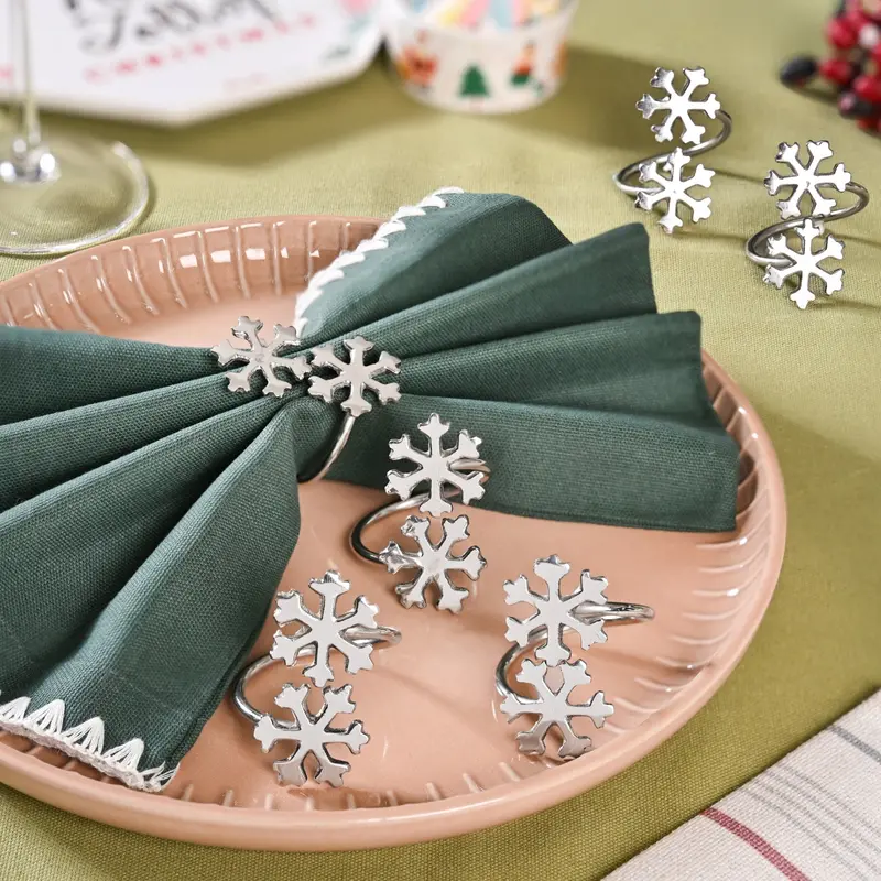 Snowflake-Design Pure Brass Napkin Rings – Set Of 6 (Silver-Finished) 1