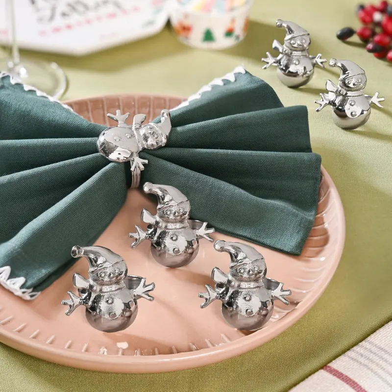 Snowman-Shaped Pure Brass Napkin Rings – Set Of 6 (Silver-Tone) 1