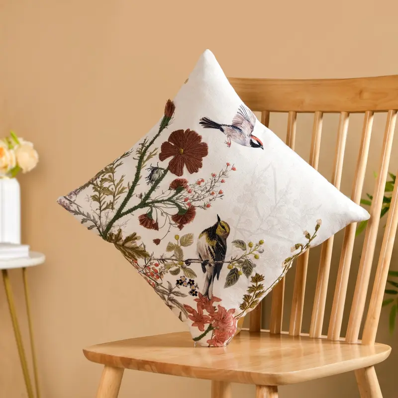 Songbird Motif Hand-Embroidered Cotton Cushion Cover – 40X40Cm Nature-Inspired Decor 1