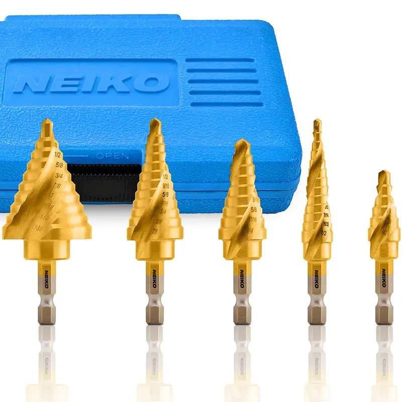 Spiral-Grooved Titanium Step Drill Bit Set — 50 Sae Sizes, Hss Core, Quick-Change Hex (5-Pc) 1