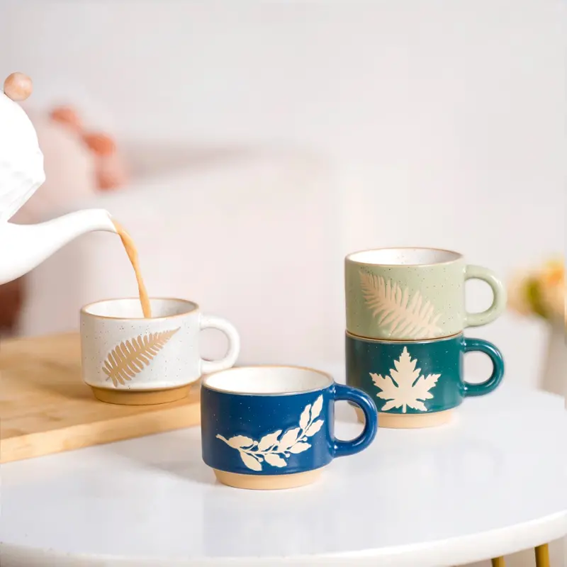 Spring Leaf Motif Stackable Cups – 4X145Ml Ceramic Set 1