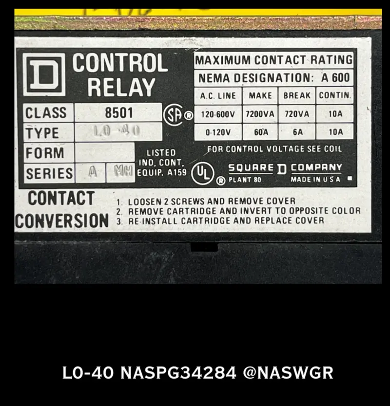 Square D L0-40 Type L General-Purpose Control Relay (40A Rating) 1