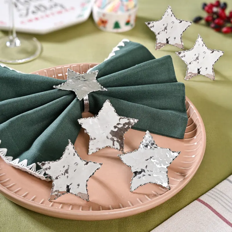 Star-Embossed Napkin Rings – Set Of 6 In Silver-Finished Brass 1
