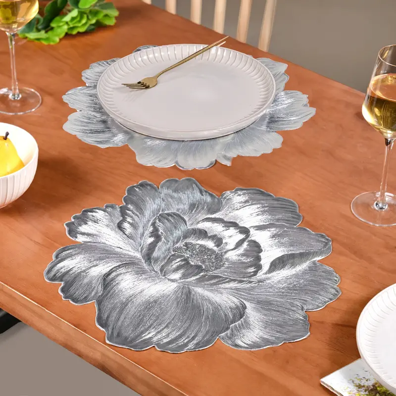 Sterling Silver Peony Silhouette Placemats – Set Of 6 Sophisticated Table Linens 1