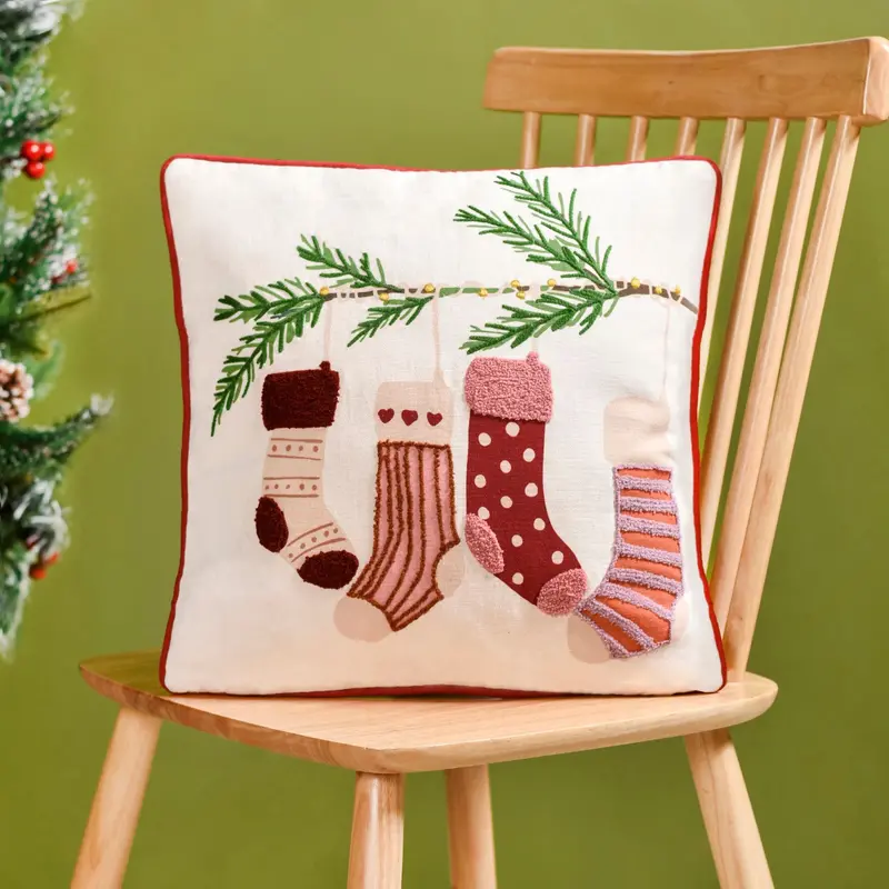 Stockings-Themed Embroidered Cotton Cushion Cover – 40X40 Cm 1