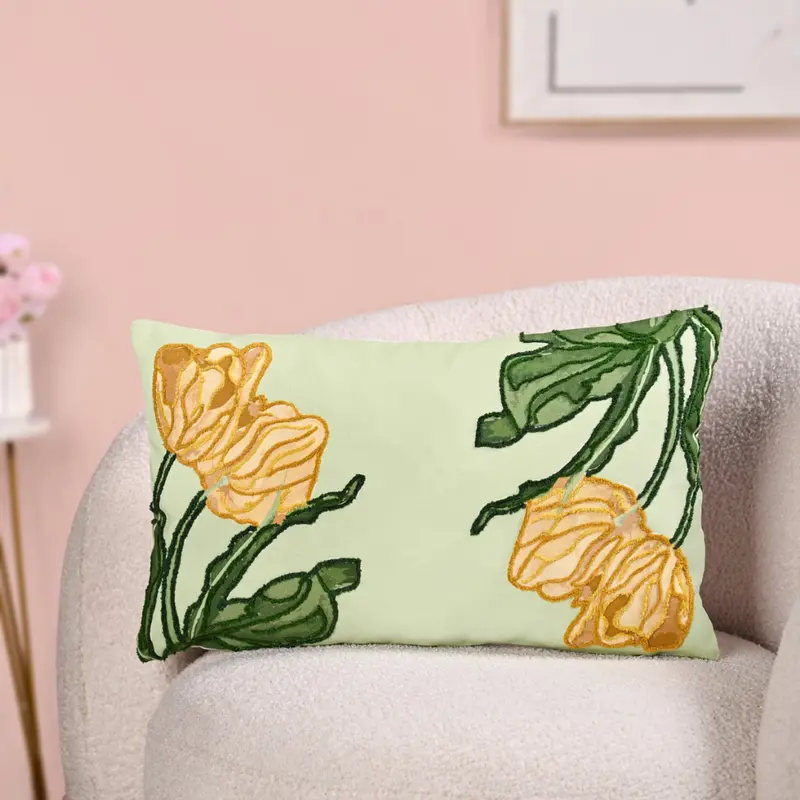 Sunlit Tulip Cotton Embroidered Cushion – 50X30Cm 1