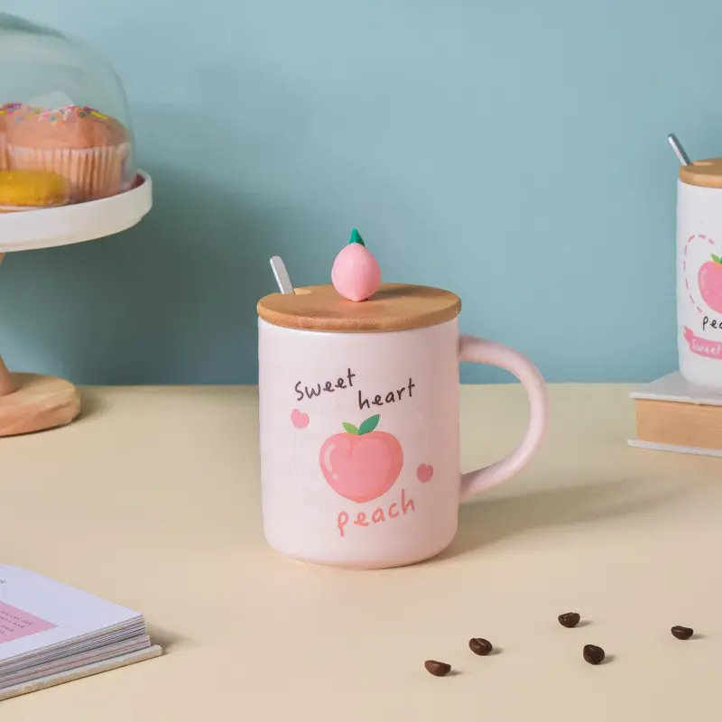 Sweet Peach Morning Tea Mug Set – Pink, 350 Ml With Lid & Spoon 1