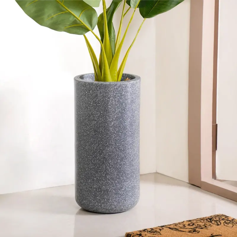 Tall Grey Cylindrical Planter – Planterra 18" X 9" Modern Planter 1