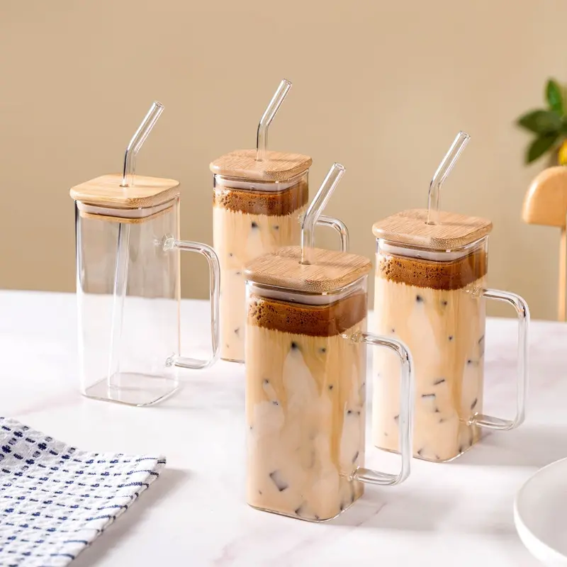 Tall Square Glass Sipper Cups – 4-Pack 400Ml Set With Reusable Glass Straws 1