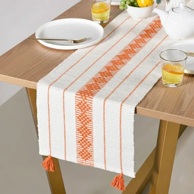 Tasseled Amber-Hue Cotton Runner – 180 × 33 Cm 1
