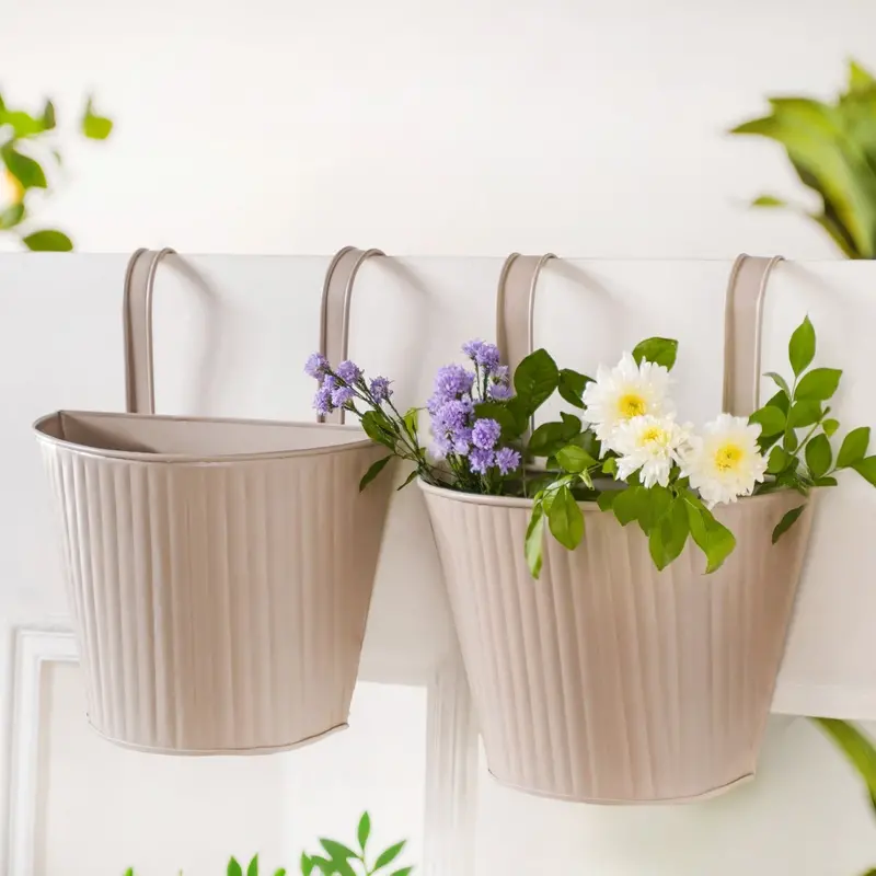 Taupe Ribbed Hanging Planters – Stylish 2-Piece Set For Railings Or Hooks 1