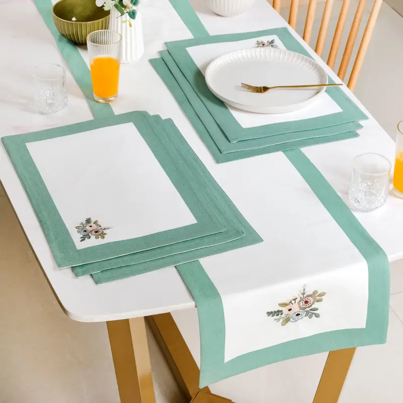 Teal Pure Cotton Table Runner & 6 Placemats Set 1