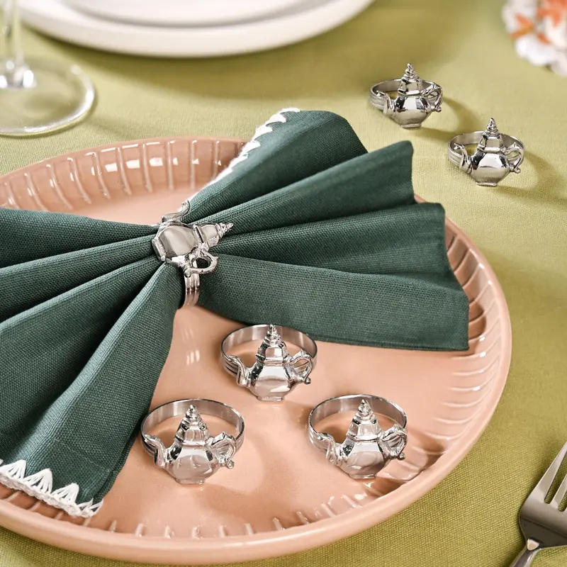Teapot-Shaped Pure Brass Napkin Rings – Set Of 6 (Silver-Tone) 1