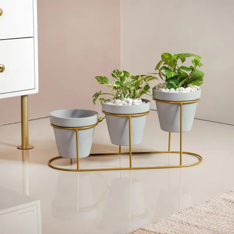 Terragold Triple-Tier Planter Set With Gold Metal Stand 1