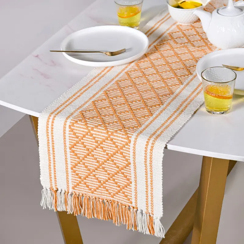 Textured Cotton Table Runner With Decorative Fringes – 180 × 33 Cm 1