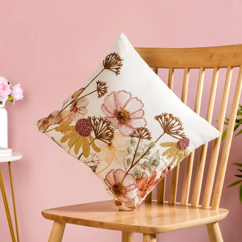 Textured Slub Cotton Botanical Cushion Cover – 40X40Cm Embroidered Accent Pillow 1
