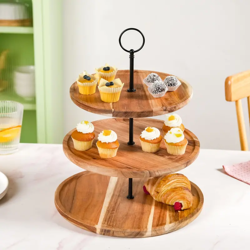 Three-Tier Acacia Wood Cupcake Stand – Natural Grain Finish 1