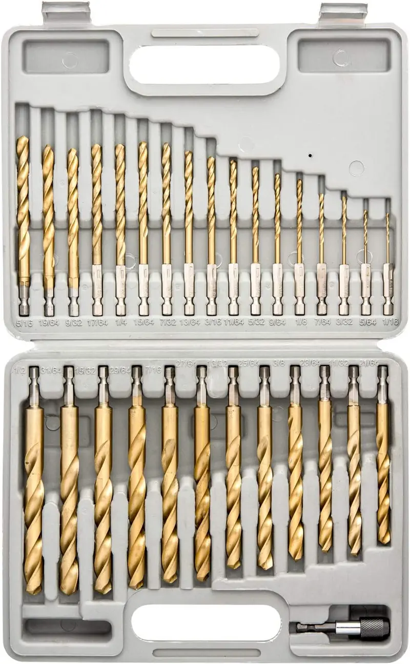 Titanium-Coated Hex-Shank Drill Bit Set — Quick-Change Hss, 1/16" To 1/2" (30-Piece) 1