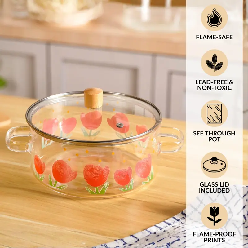 Tulip-Shaped Flame-Safe Glass Cooking Pot With Lid – 2.5L 1