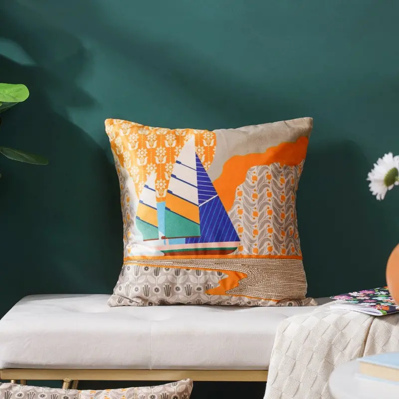 Twin Boats Print Velvet Cushion Cover – 16" Square 1